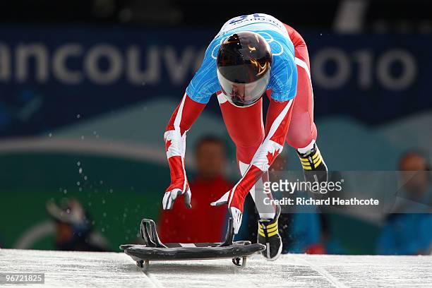 Michelle Kelly of Canada competes in the women's skeleton training on day 4 of the 2010 Winter Olympics at Whistler Sliding Centre on February 15,...