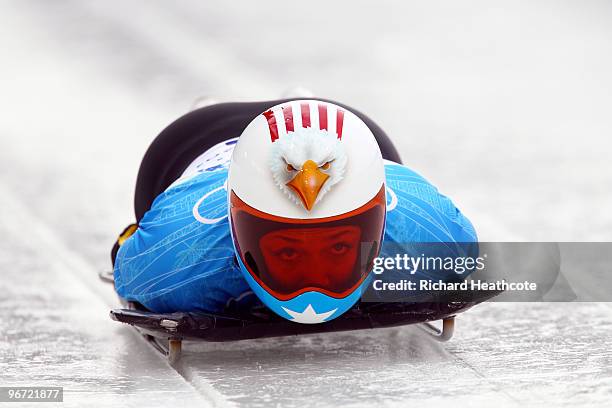 Katie Uhlaender of The United States competes in the women's skeleton training on day 4 of the 2010 Winter Olympics at Whistler Sliding Centre on...