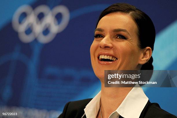 Katarina Witt looks on during a news conference on behalf the Munich 2018 bid committee in the Main Press Centre during day four of the Vancouver...