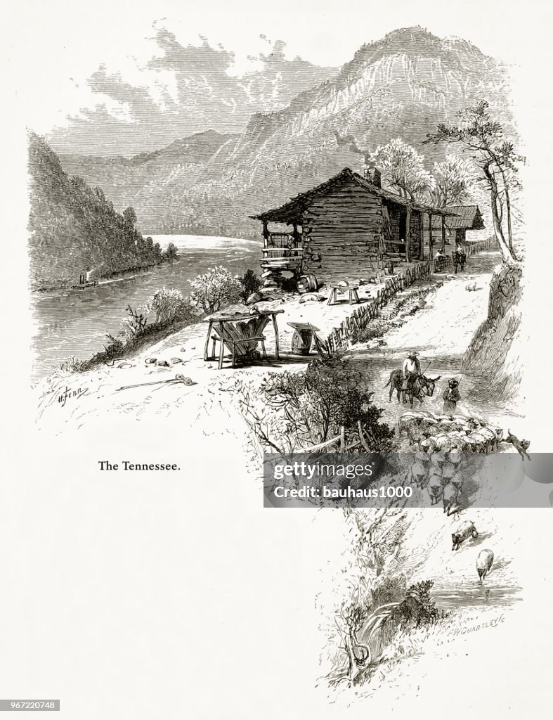 Lookout Mountain and the Tennessee River, Tennessee, United States, American Victorian Engraving, 1872
