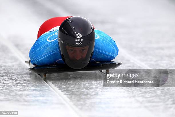 Kristan Bromley of Great Britain and Northern Ireland competes in the men's skeleton training on day 4 of the 2010 Winter Olympics at Whistler...