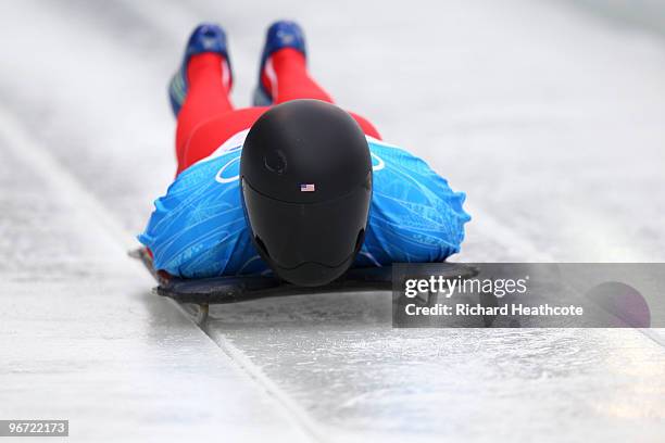 Eric Bernotas of The United States competes in the men's skeleton training on day 4 of the 2010 Winter Olympics at Whistler Sliding Centre on...