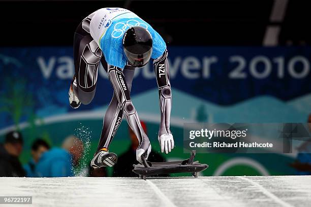 Ben Sandford of New Zealand competes in the men's skeleton training on day 4 of the 2010 Winter Olympics at Whistler Sliding Centre on February 15,...