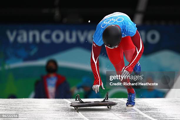 Eric Bernotas of The United States competes in the men's skeleton training on day 4 of the 2010 Winter Olympics at Whistler Sliding Centre on...