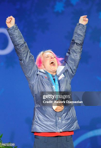 Shannon Bahrke of United States celebrates winning her bronze medal during the medal ceremony for the Ladies Moguls final Medal ceremony on day 3 of...