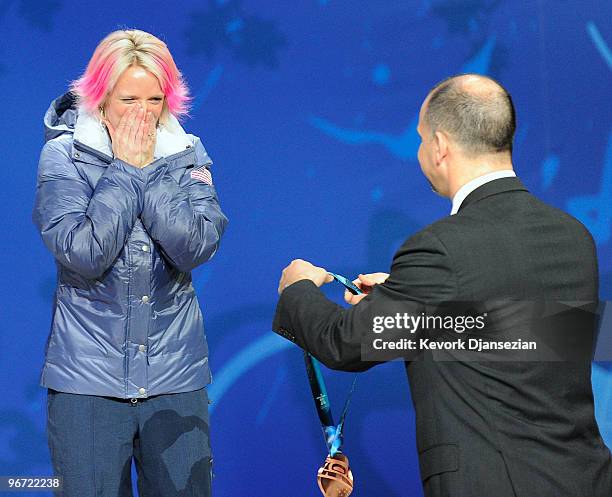 Shannon Bahrke of United States celebrates winning her bronze medal during the medal ceremony for the Ladies Moguls final Medal ceremony on day 3 of...