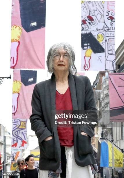 Rose Wylie unveiling the RA250 Flags across London's West End on June 4, 2018 in London, England.