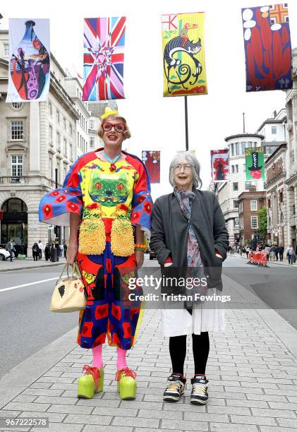 Grayson Perry and Rose Wylie unveiling the RA250 Flags across London's West End on June 4, 2018 in London, England.