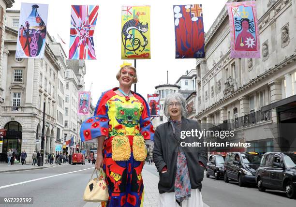 Grayson Perry and Rose Wylie unveiling the RA250 Flags across London's West End on June 4, 2018 in London, England.