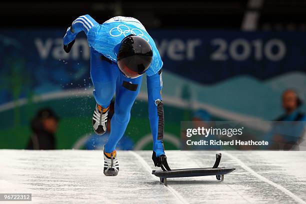 Alexander Tretyakov of Russia competes in the men's skeleton training on day 4 of the 2010 Winter Olympics at Whistler Sliding Centre on February 15,...