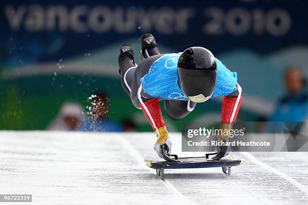 Frank Rommel of Germany competes in the men's skeleton training on day 4 of the 2010 Winter Olympics at Whistler Sliding Centre on February 15, 2010...