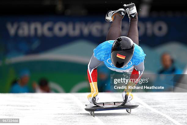 Sandro Stielicke of Germany competes in the men's skeleton training on day 4 of the 2010 Winter Olympics at Whistler Sliding Centre on February 15,...