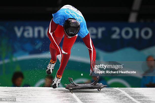 Zach Lund of The United States competes in the men's skeleton training on day 4 of the 2010 Winter Olympics at Whistler Sliding Centre on February...