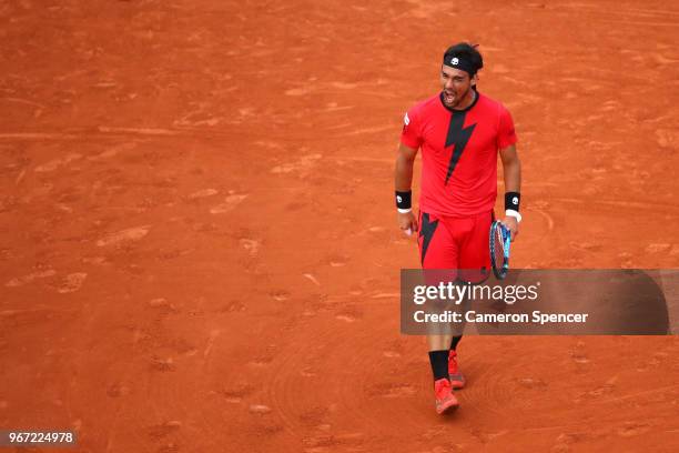 Fabio Fognini of Italy celebrates during the mens singles fourth round match against Marin Cilic of Croatia during day nine of the 2018 French Open...