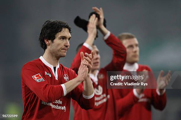 Kaiserslautern players acknowledge their fans after the Second Bundesliga match between MSV Duisburg and 1. FC Kaiserslautern at MSV Arena on...