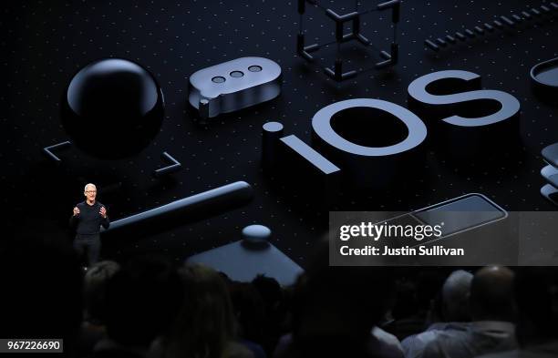 Apple CEO Tim Cook speaks during the 2018 Apple Worldwide Developer Conference at the San Jose Convention Center on June 4, 2018 in San Jose,...