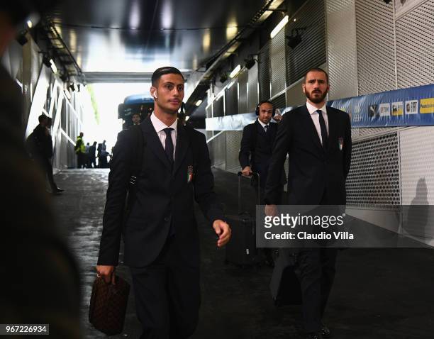 Rolando Mandragora and Leonardo Bonucci of Italy arrive at the stadium prior to the International Friendly match between Italy and Netherlands at...