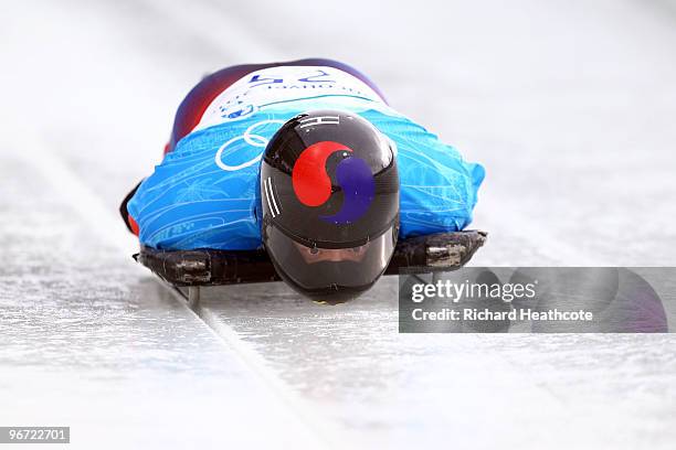 In Ho Cho of South Korea competes in the men's skeleton training on day 4 of the 2010 Winter Olympics at Whistler Sliding Centre on February 15, 2010...