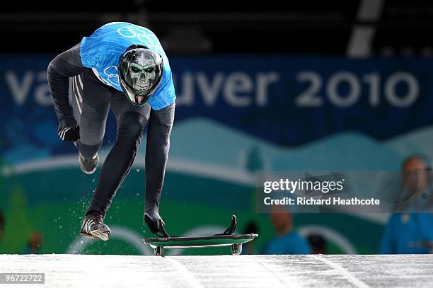 Patrick Shannon of Ireland competes in the men's skeleton training on day 4 of the 2010 Winter Olympics at Whistler Sliding Centre on February 15,...