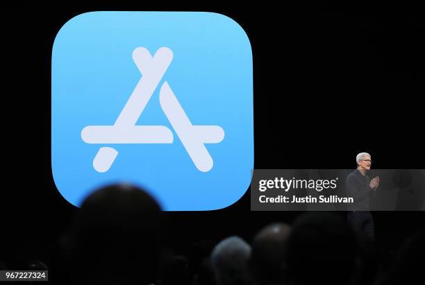 Apple CEO Tim Cook speaks during the 2018 Apple Worldwide Developer Conference at the San Jose Convention Center on June 4, 2018 in San Jose,...