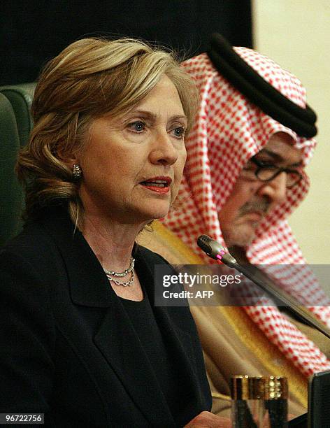 Secretary of State Hillary Clinton speaks to reporters with her Saudi counterpart Prince Saud al-Faisal in Riyadh on February 15, 2010. Clinton held...