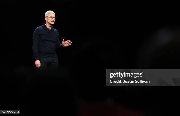 Apple CEO Tim Cook speaks during the 2018 Apple Worldwide Developer Conference at the San Jose Convention Center on June 4, 2018 in San Jose,...