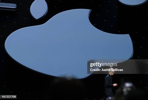 Apple CEO Tim Cook speaks during the 2018 Apple Worldwide Developer Conference at the San Jose Convention Center on June 4, 2018 in San Jose,...