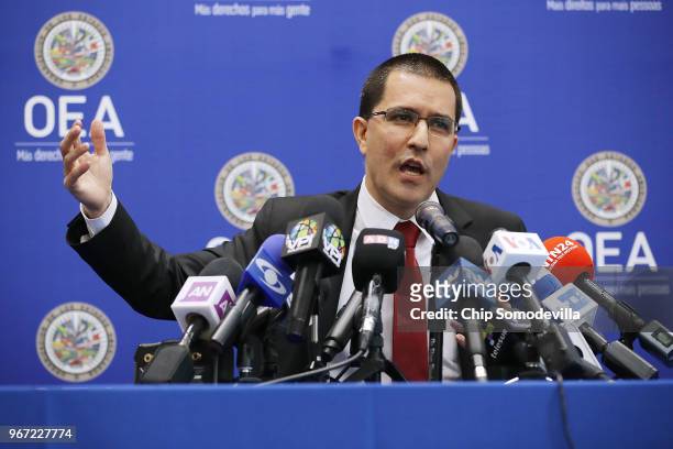 Venezuelan Minister of Foreign Affairs Jorge Arreaza holds a news conference during the Organization of American States' General Assembly meetings...