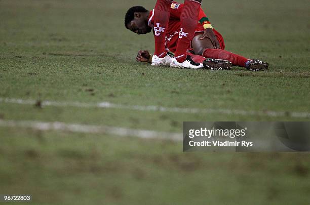 Georges Mandjeck of Kaiserslautern lies on the pitch during the Second Bundesliga match between MSV Duisburg and 1. FC Kaiserslautern at MSV Arena on...