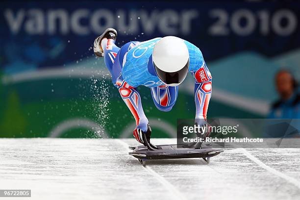 Gregory Saint-Genies of France competes in the men's skeleton training on day 4 of the 2010 Winter Olympics at Whistler Sliding Centre on February...