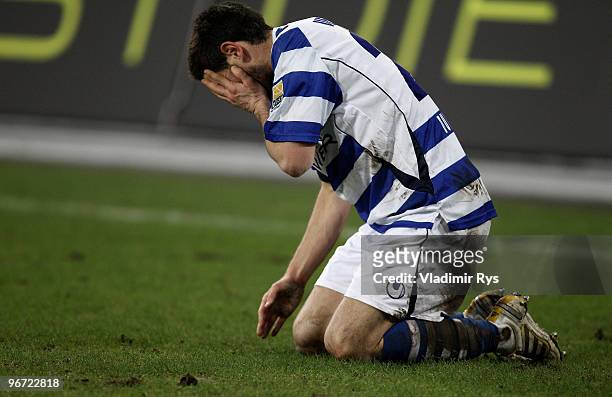 Olivier Veigneau of Duisburg is pictured during the Second Bundesliga match between MSV Duisburg and 1. FC Kaiserslautern at MSV Arena on February...