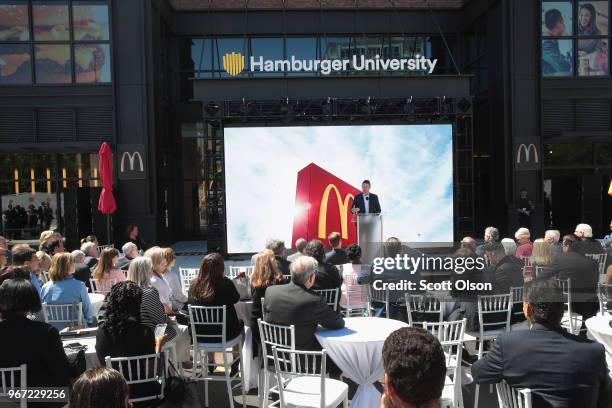 McDonald's CEO Stephen Easterbrook unveils the company's new corporate headquarters during a grand opening ceremony on June 4, 2018 in Chicago,...