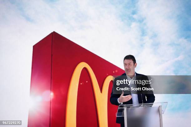 McDonald's CEO Stephen Easterbrook unveils the company's new corporate headquarters during a grand opening ceremony on June 4, 2018 in Chicago,...