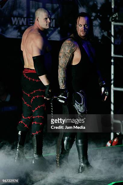 Wrestling fighters Kane and Fight Undertaker during the WWE Smackdown wrestling function at Plaza Vicente Fernandez on February 14, 2010 in...