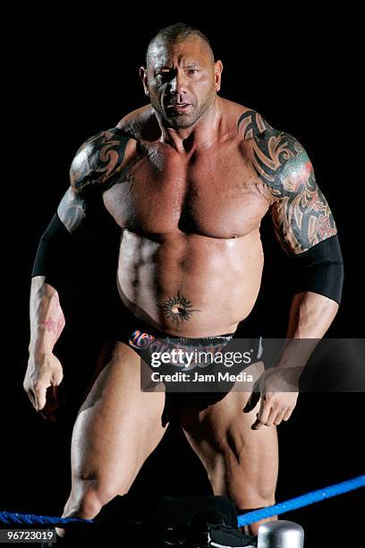 Wrestling fighter Batista during the WWE Smackdown wrestling function at Plaza Vicente Fernandez on February 14, 2010 in Guadalajara, Mexico.