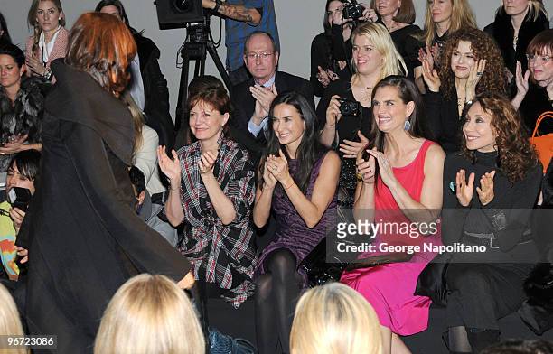 Actresses Susan Sarandon, Demi Moore, Brooke Shields and Marisa Berenson attend the Donna Karan Collection Fall 2010 fashion show during...