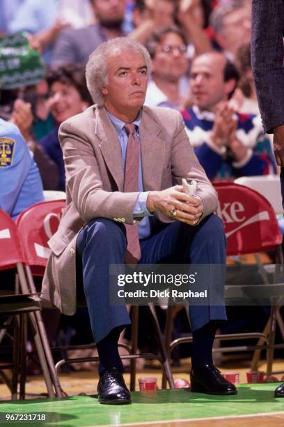 Head Coach Jimmy Rodgers of the Boston Celtics looks on during a game circa 1990 at the Boston Garden in Boston, Massachusetts. NOTE TO USER: User...