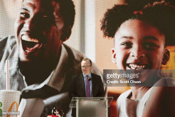 Robert Gibbs, global chief communications officer of McDonald's, speaks at the unveiling of McDonald's new corporate headquarters during a grand...
