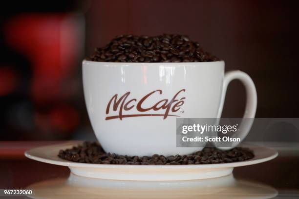 McCafe display sits on the counter of a McDonald's restaurant located inside the new corporate headquarters on June 4, 2018 in Chicago, Illinois. The...