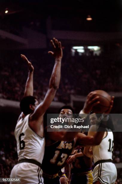 Wilt Chamberlain of the Los Angeles Lakers handles the ball against the Boston Celtics circa 1970 at the Boston Garden in Boston, Massachusetts. NOTE...