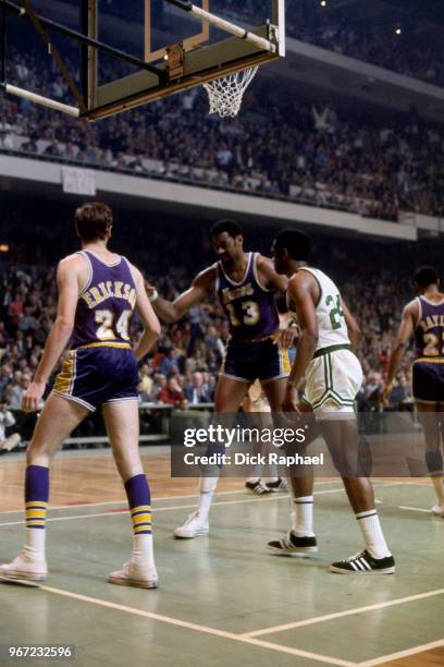 Wilt Chamberlain of the Los Angeles Lakers during the game against the Boston Celtics circa 1970 at the Boston Garden in Boston, Massachusetts. NOTE...