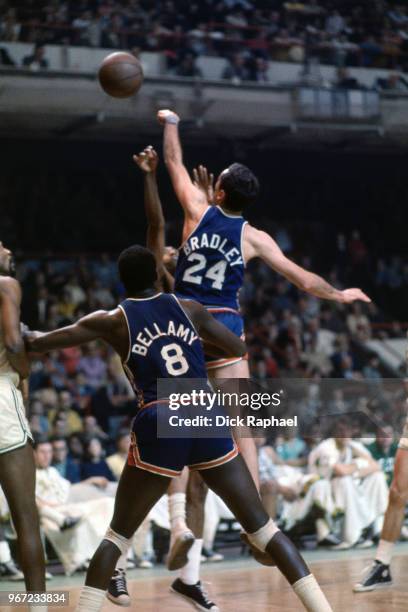 Bill Bradley of the New York Knicks plays defense against the Boston Celtics circa 1968 at the Boston Garden in Boston, Massachusetts. NOTE TO USER:...