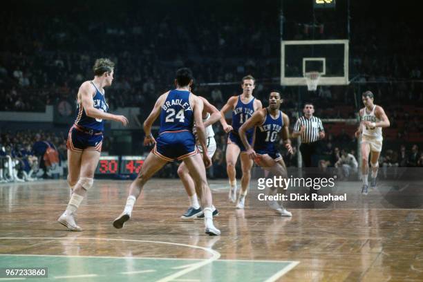 Bill Bradley of the New York Knicks plays defense against the Boston Celtics circa 1968 at the Boston Garden in Boston, Massachusetts. NOTE TO USER:...