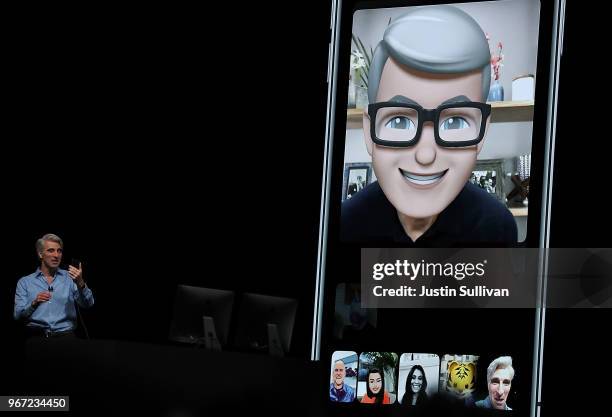 Apple's senior vice president of Software Engineering Craig Federighi demonstrates group FaceTime as he speaks during the 2018 Apple Worldwide...