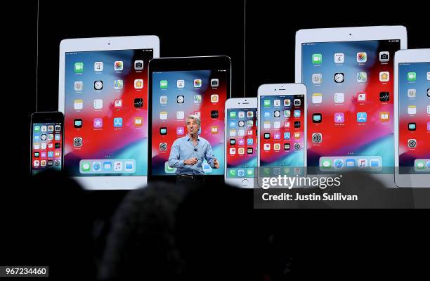 Apple's senior vice president of Software Engineering Craig Federighi speaks during the 2018 Apple Worldwide Developer Conference at the San Jose...