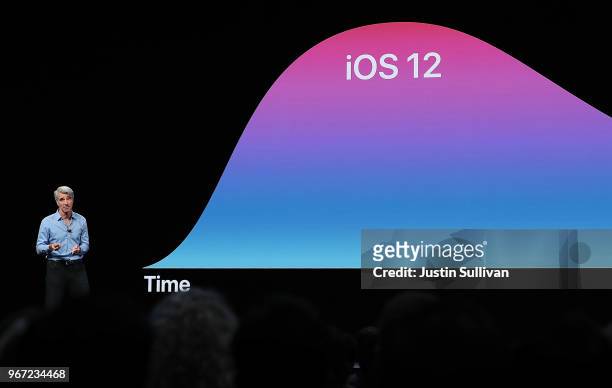 Apple's senior vice president of Software Engineering Craig Federighi speaks during the 2018 Apple Worldwide Developer Conference at the San Jose...