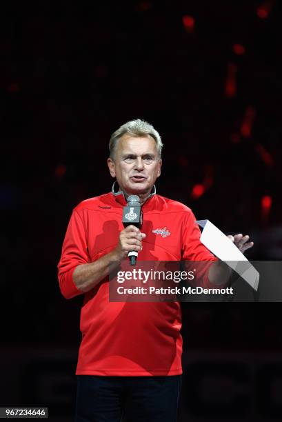 American television personality Pat Sajak makes the team introductions before Game Three of the 2018 NHL Stanley Cup Final between the Vegas Golden...