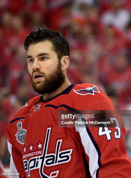 Tom Wilson of the Washington Capitals attends warm ups before Game Three of the 2018 NHL Stanley Cup Final against the Vegas Golden Knights at...