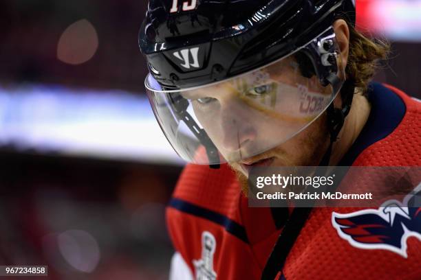 Nicklas Backstrom of the Washington Capitals attends warm ups before Game Three of the 2018 NHL Stanley Cup Final against the Vegas Golden Knights at...