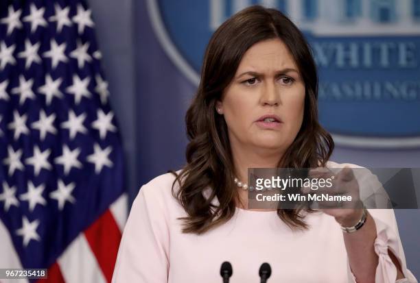 White House press secretary Sarah Huckabee Sanders answers questions during the daily briefing at the White House June 4, 2018 in Washington, DC....